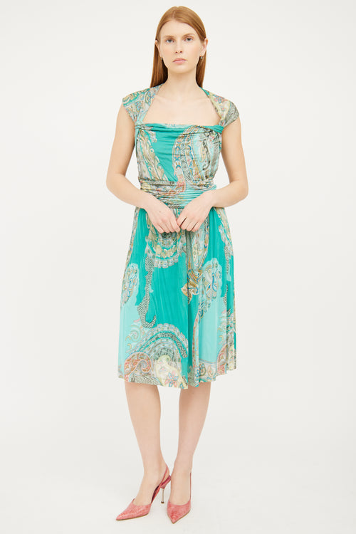 Etro Green Paisley Ruched Dress