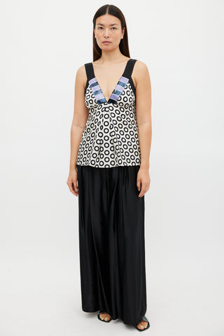 Etro White & Black Silk Embellished Printed Top