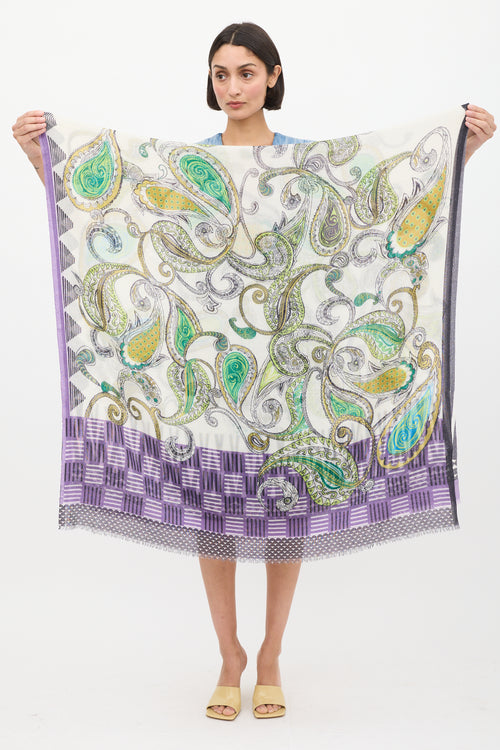 Etro White & Multicolour Paisley Fringe Scarf