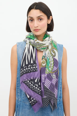 Etro White & Multicolour Paisley Fringe Scarf