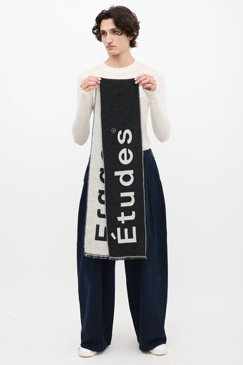 Études Black & Grey Cotton & Wool Logo Fringe Scarf