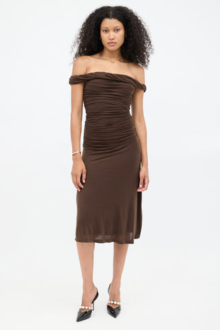 Eudon Choi Brown Ruched Off Shoulder Dress