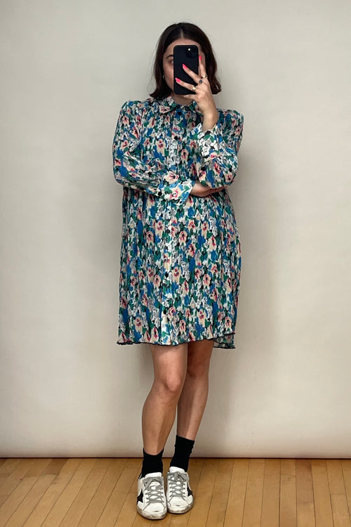 Blue & Multicolour Plissé Floral Shirt Dress