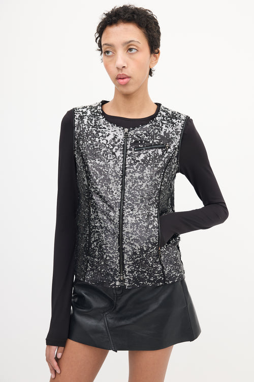 Faith Connexion Black & Silver Sequin Detachable Sleeve Jacket