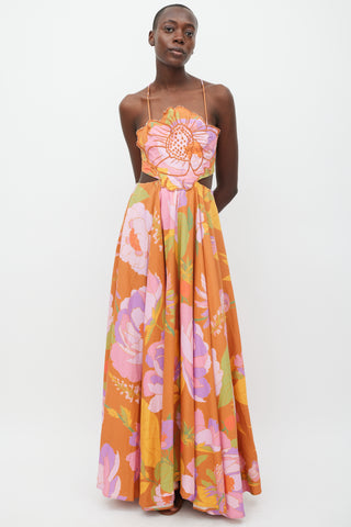 FARM Orange & Multicolour Linen Floral Dress