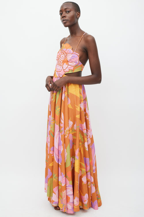 FARM Orange & Multicolour Linen Floral Dress