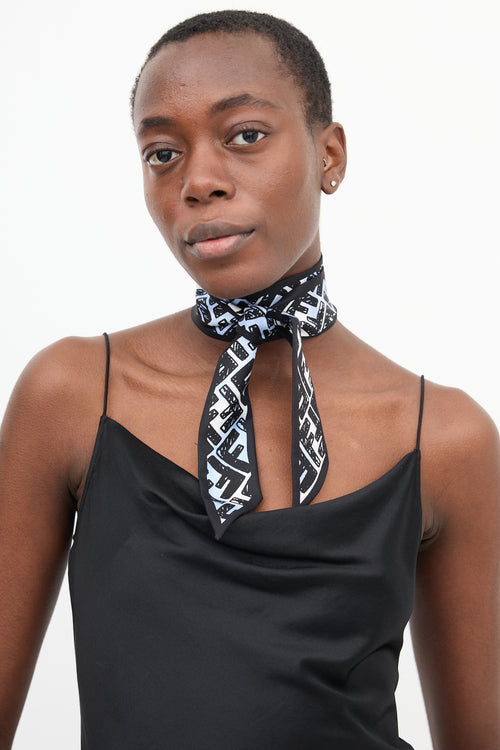 Fendi Light Blue & Black Floral FF Twill Scarf