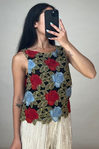 Black & Multicolor Floral Embroidered Vest
