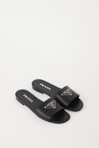 Prada Black & Silver Leather Logo Sandal
