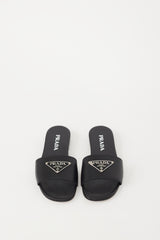 Prada Black & Silver Leather Logo Sandal