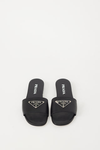 Prada Black & Silver Leather Logo Sandal