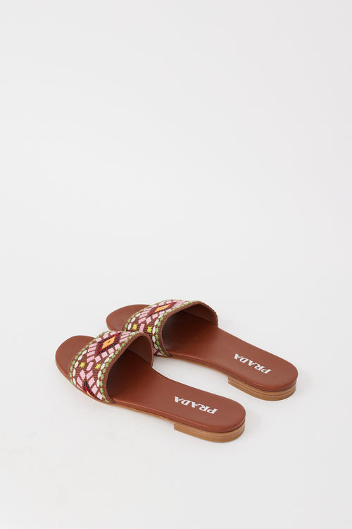 Prada Brown & Multicolour Embroidered Leather Sandal