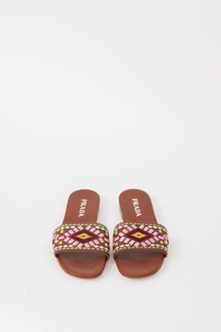 Prada Brown & Multicolour Embroidered Leather Sandal