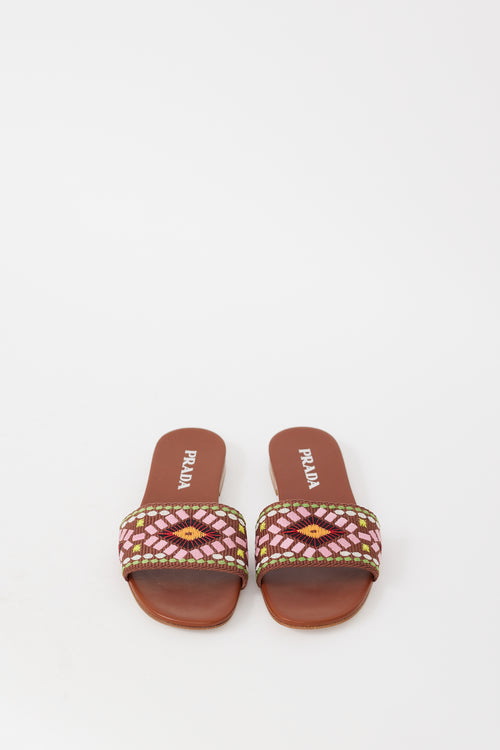 Prada Brown & Multicolour Embroidered Leather Sandal
