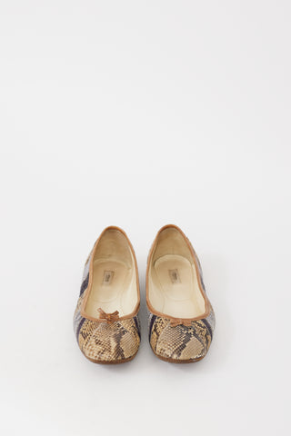 Prada Beige & Multicolour Leather Embossed Bow Flat