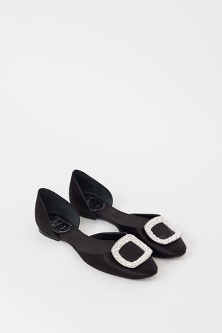 Roger Vivier Black & Silver Satin Chips Strass Jewel Flat