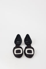 Roger Vivier Black & Silver Satin Chips Strass Jewel Flat