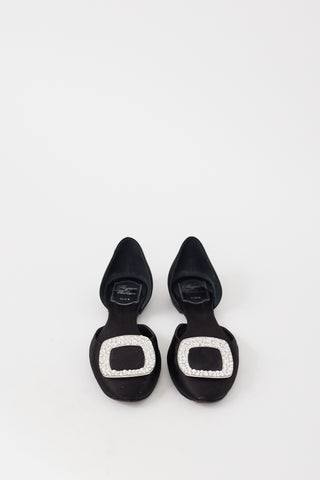 Roger Vivier Black & Silver Satin Chips Strass Jewel Flat