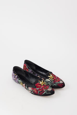 Alexander McQueen Black & Multicolour Floral Embroidered Flat