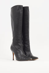 Manolo Blahnik Black Leather Pointed Knee High Boot