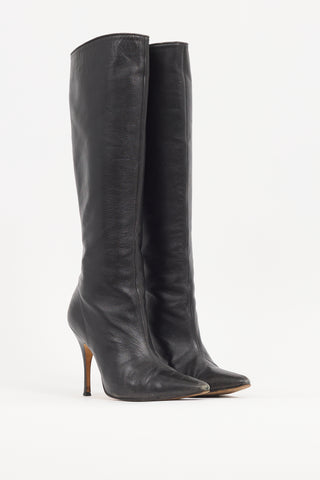 Manolo Blahnik Black Leather Pointed Knee High Boot