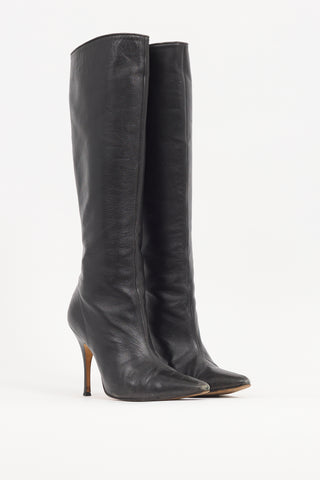 Manolo Blahnik Black Leather Pointed Knee High Boot