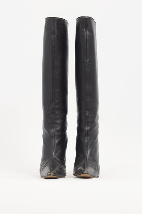 Manolo Blahnik Black Leather Pointed Knee High Boot