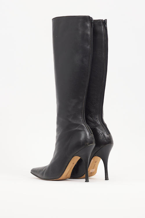 Manolo Blahnik Black Leather Pointed Knee High Boot