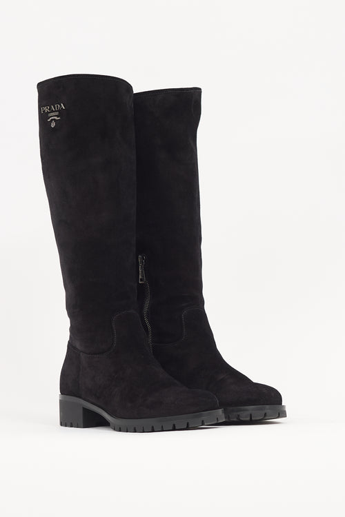 Prada Black Suede Knee High Logo Boot