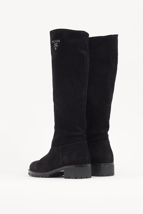 Prada Black Suede Knee High Logo Boot