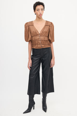 Frame Brown Satin Button Up Tier Blouse