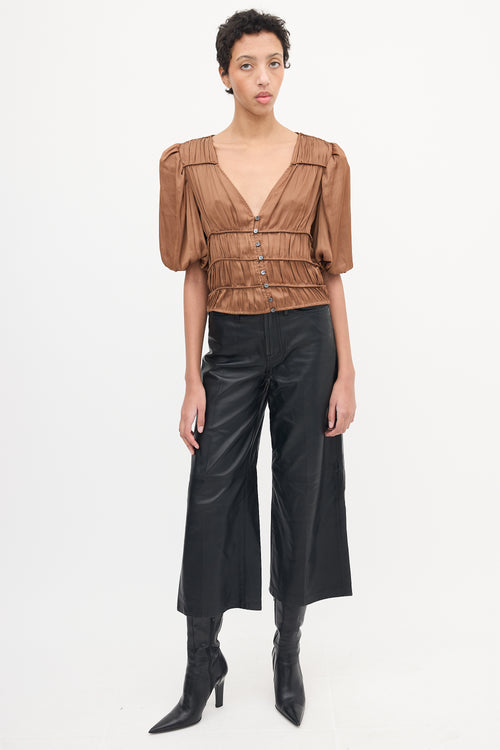 Frame Brown Satin Button Up Tier Blouse