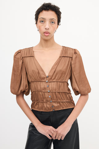 Frame Brown Satin Button Up Tier Blouse