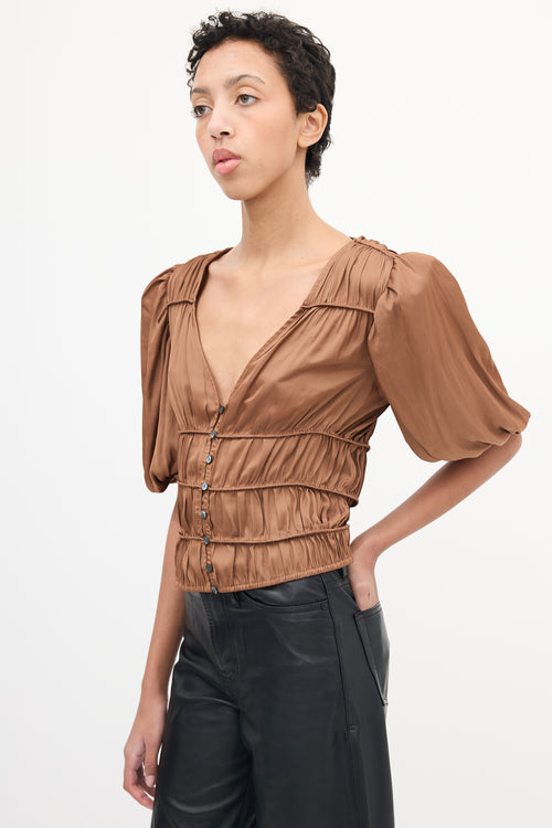 Frame Brown Satin Button Up Tier Blouse