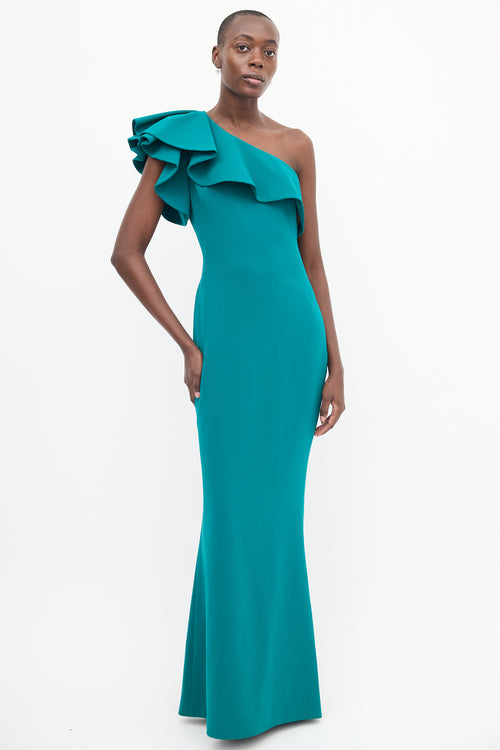 Frascara Teal One Shoulder Ruffle Gown