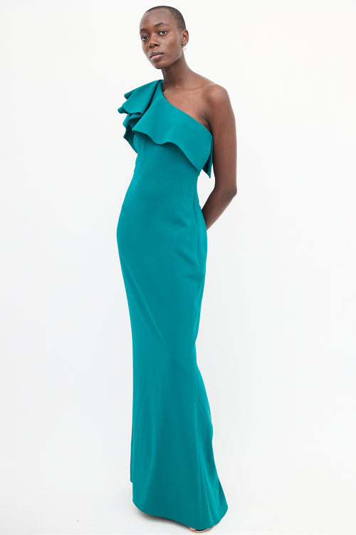 Frascara Teal One Shoulder Ruffle Gown