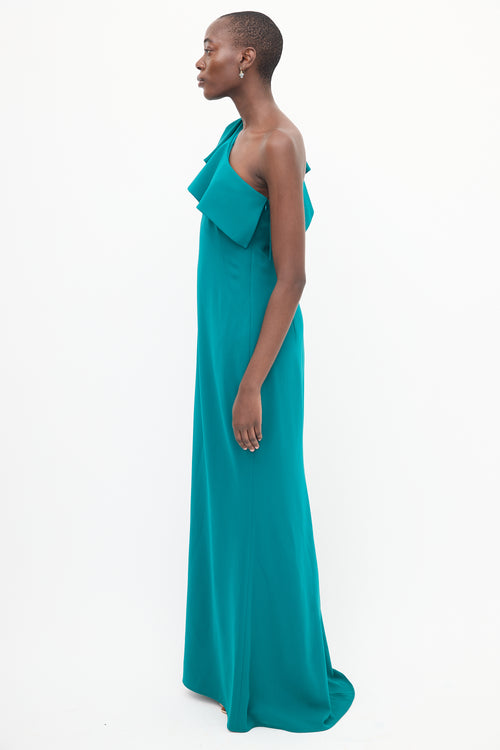 Frascara Teal One Shoulder Ruffle Gown