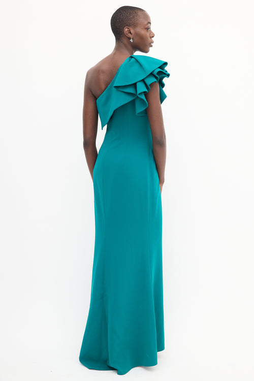 Frascara Teal One Shoulder Ruffle Gown