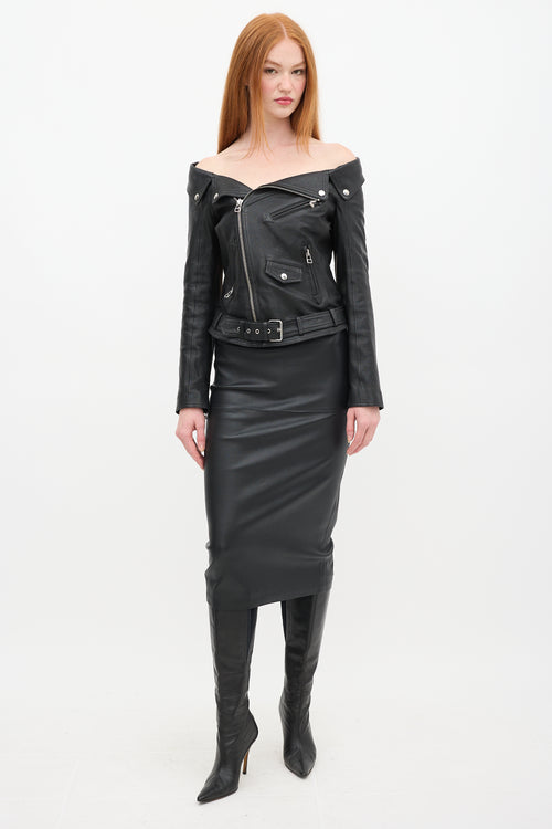 Faith Connexion Black Leather Off The Shoulder Moto Jacket