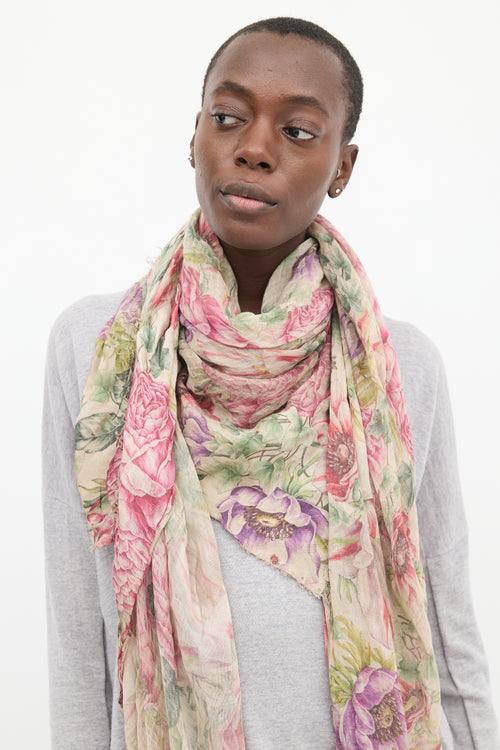 Faliero Sarti Pink & Multicolour Floral Raw Edge Scarf