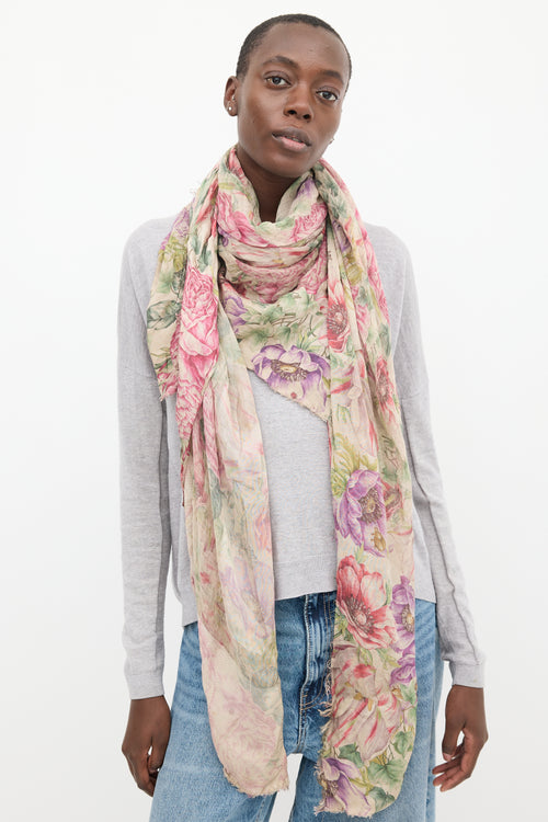 Faliero Sarti Pink & Multicolour Floral Raw Edge Scarf