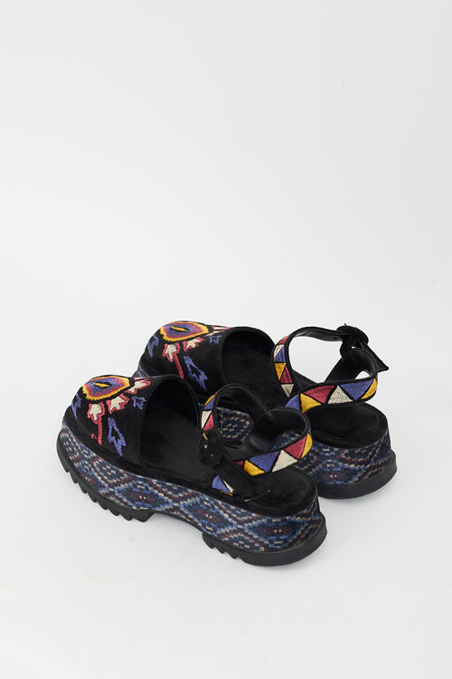 FARM Black & Multi Embroidered Platform Sandal