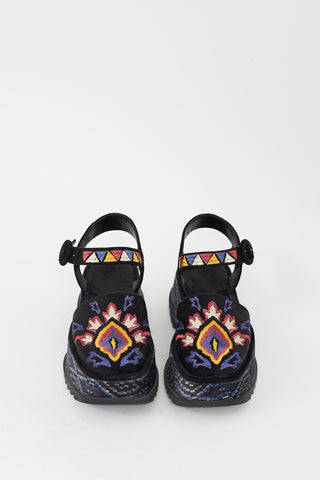 FARM Black & Multi Embroidered Platform Sandal