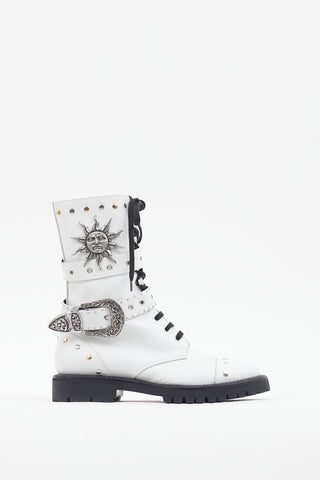 Fausto Puglisi White Leather Embellished Combat Boot