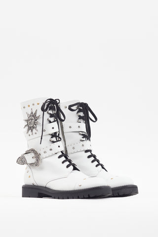 Fausto Puglisi White Leather Embellished Combat Boot