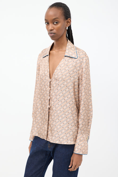 Fendi Beige Silk Logo Striped Camicia Shirt