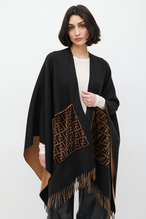 Fendi Black & Brown Cashmere Fringe Shawl