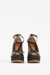 Fendi Black & Brown Leather & Canvas Espadrille Wedge Heel