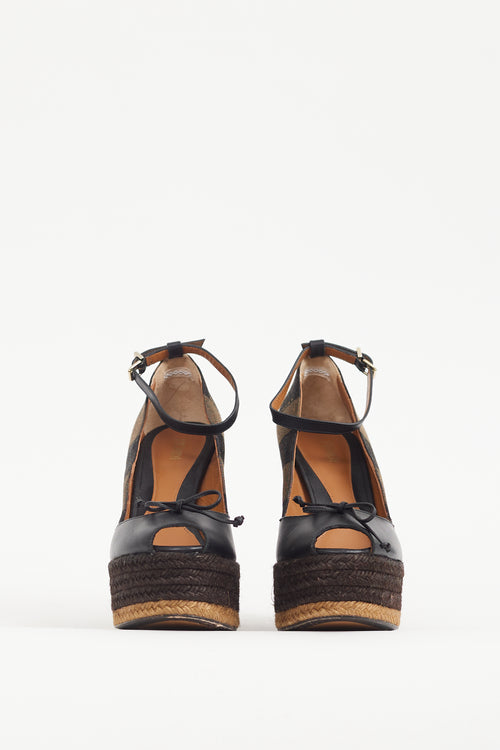 Fendi Black & Brown Leather & Canvas Espadrille Wedge Heel