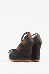 Fendi Black & Brown Leather & Canvas Espadrille Wedge Heel